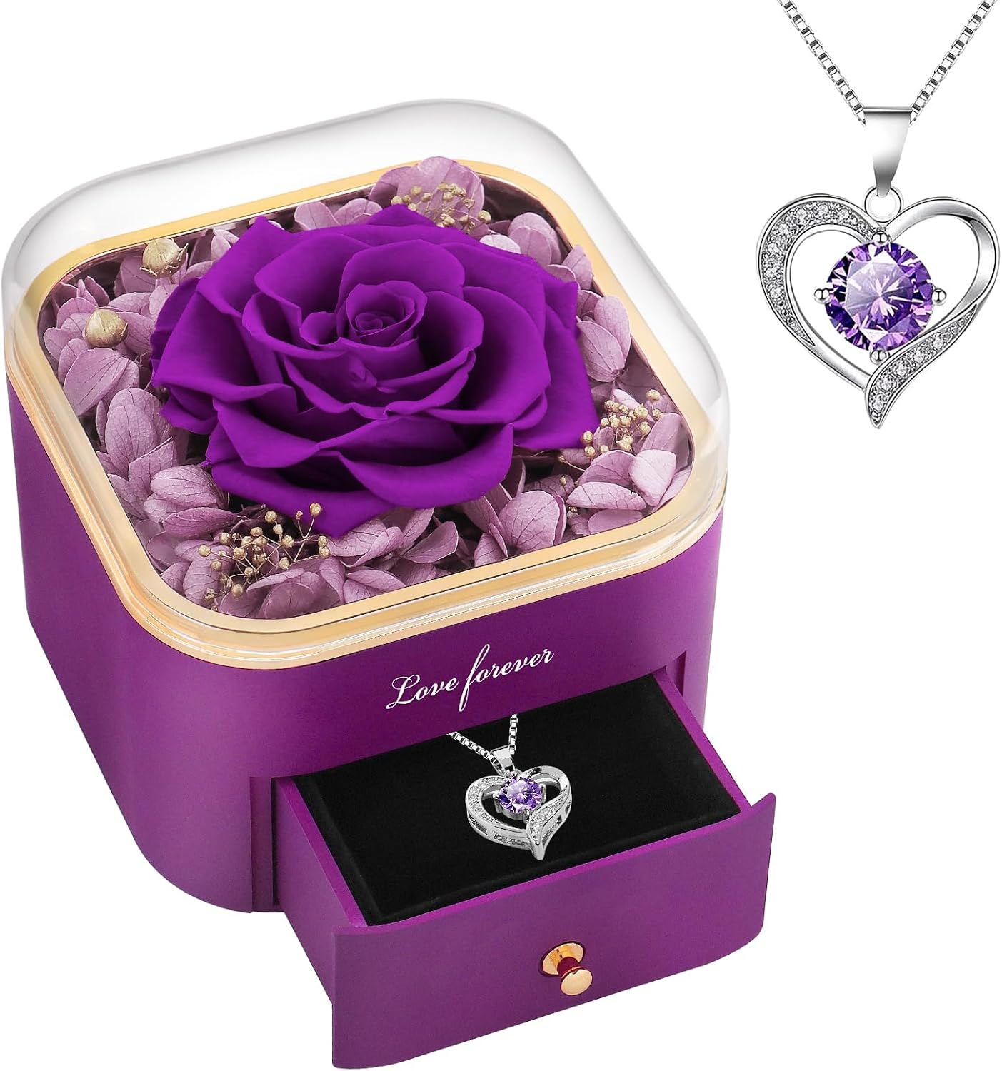 Preserved Real Rose with Necklace Eternal Purple Roses Forever Flowers 