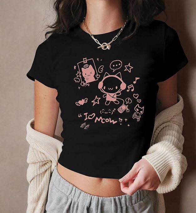 Graphic Baby Tees for Women Cat Kawaii 
